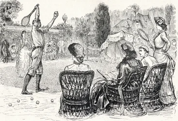 Lawn Tennis in 1883, engraved from the original drawing in Punch Magazine, from 